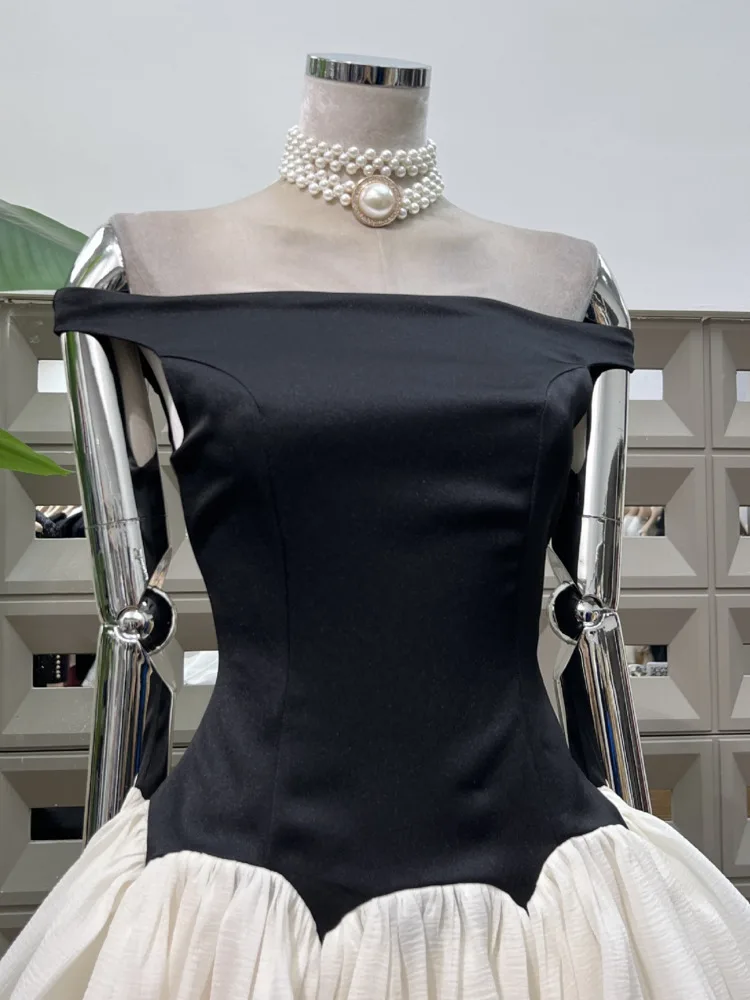 DFDG Abito da donna con spalle scoperte e spalle scoperte, vita smockata, gonna a sbuffo color block, abito da vacanza design primavera estate