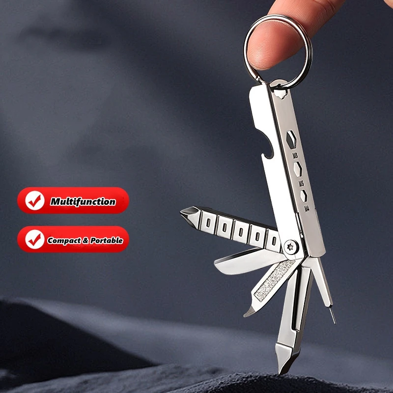 11-in-1 Keychain Multi Tool, Stainless Steel Bottle Opener Keychain with Folding Knife for Survival Gear and Camping Tools