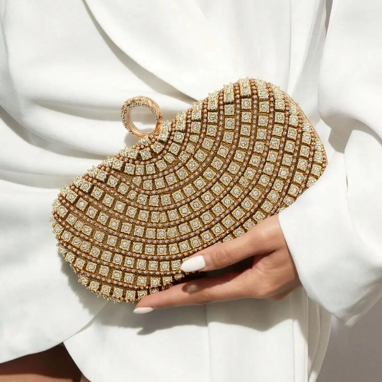 

Finger Ring Diamonds Glitter Evening Bags Golden Color Wedding Bridal Female Clutch Bag Vintage Style Beading Lady Luxury Handba