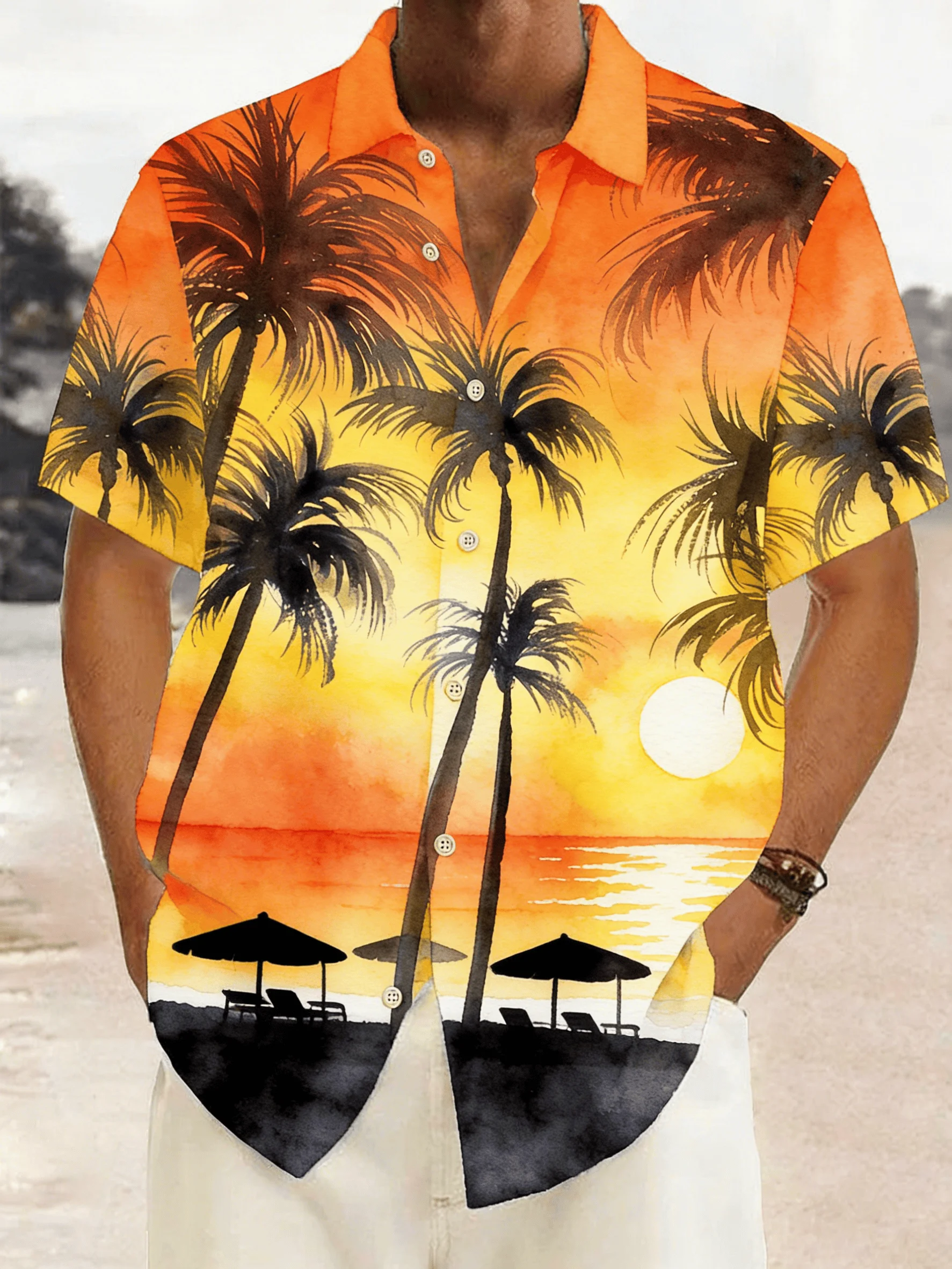 Men's Watercolor Moonlit Coconut Tree Print Short Sleeve Shirt, Spring Summer Dreamy Vacation Casual Top, Pocket Lapel Style