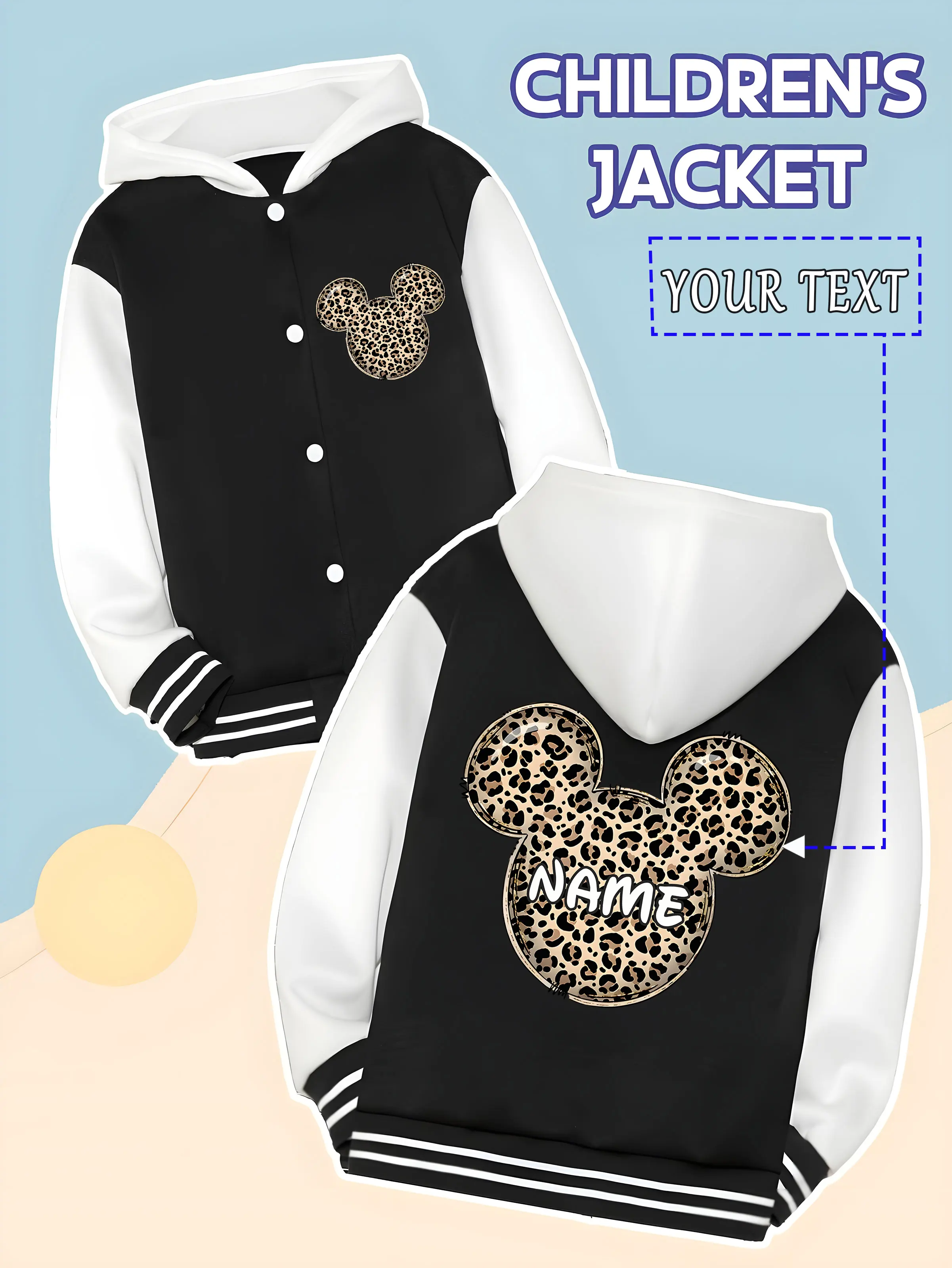 

MINISO Disney Mickey Leopard Print Children's Baseball Jacket - The classic Mickey head is integrated with leopard print element