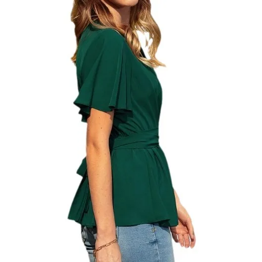 Damska bluzka z falbankami, letnia, kopertowa, z krótkim rękawem, dekolt w serek, top z paskiem.