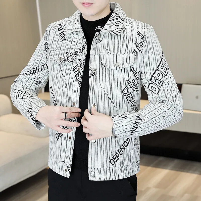 

Spring Autumn Men's Fashionable Casual Lapel Printing Jacket High Quality Fashion Trendy Loose Fit Jacquard Men Coat
