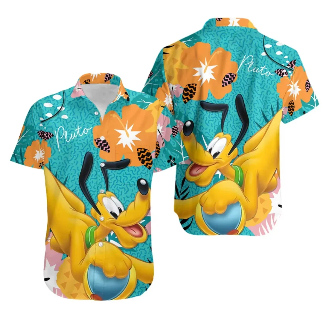 2024 Disney Pluto Dog Hawaiian Shirts Men's Women Summer Short Sleeve Shirts Hawaiian Shirts Casual Beach Shirts Harajuku Top