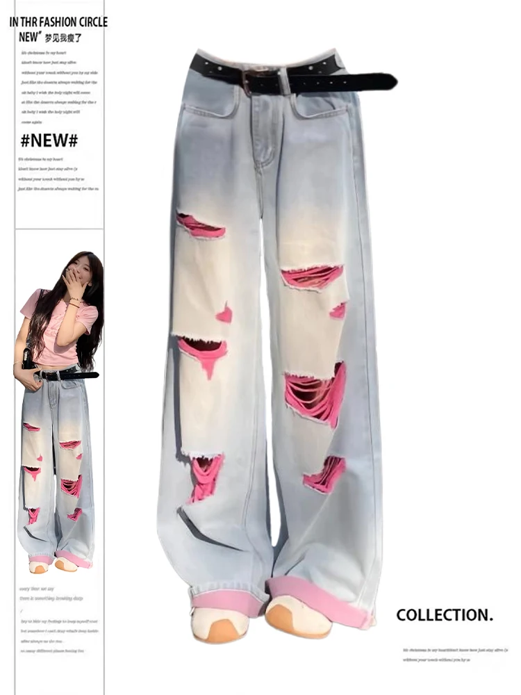 

Summer Women Korean Goblin Core Baggy Hole Jean Japanese Y2K Streetwear Harajuku Wide Leg Damage Denim Pants 2000s Tide Kpop