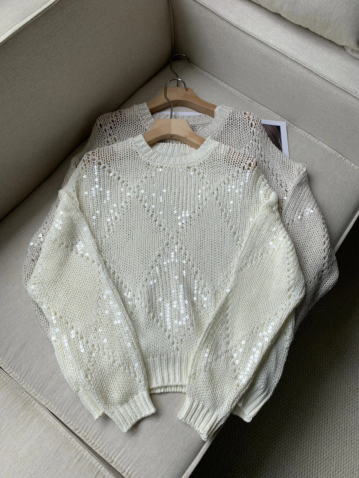 Hollow Diamond B/C High Quality Linen Cotton Yarn Sequin Pullover Sweater Tops For Women