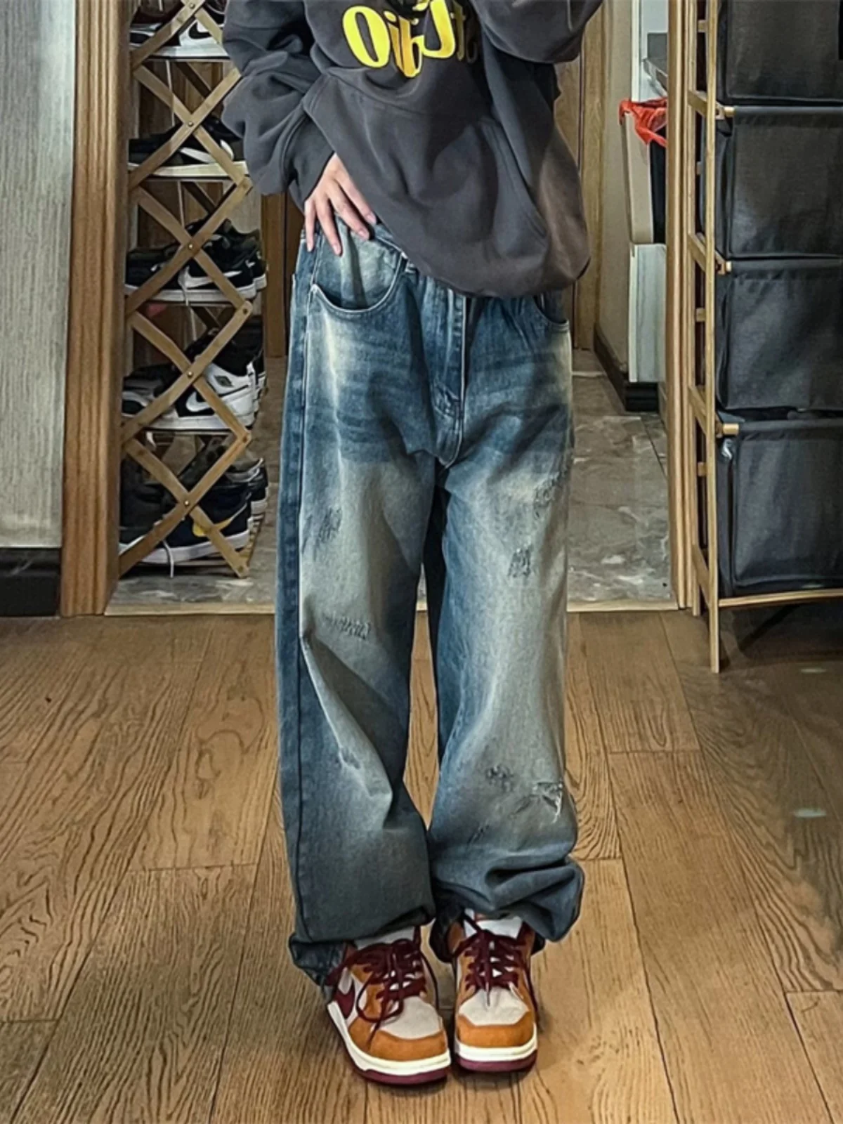 

Западное побережье, американские свободные широкие мужские джинсы, ретро-дизайн с дырками, уличная осенняя повседневная одежда, молодежная культура