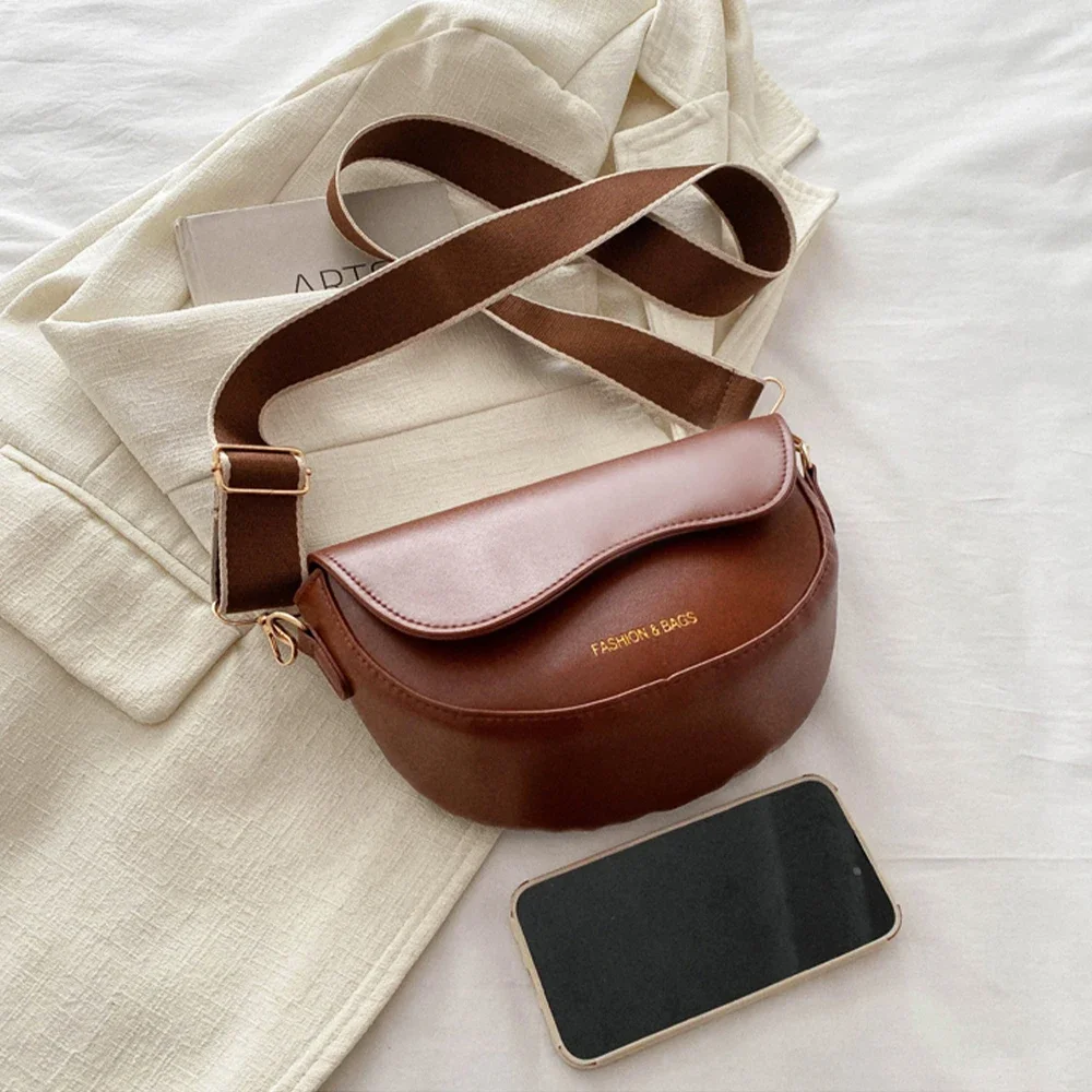 Women Vintage Solid Color Flap Small Saddle Shoulder Underarm Bag Fashion PU Leather Wide Strap Crossbody Bag 01 image 2