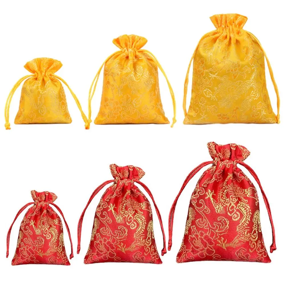 Bolsa de almacenamiento con cordón de flores bordadas de dragón, monedero pequeño de estilo chino, Cartera de cubo, bolso de muñeca Hanfu