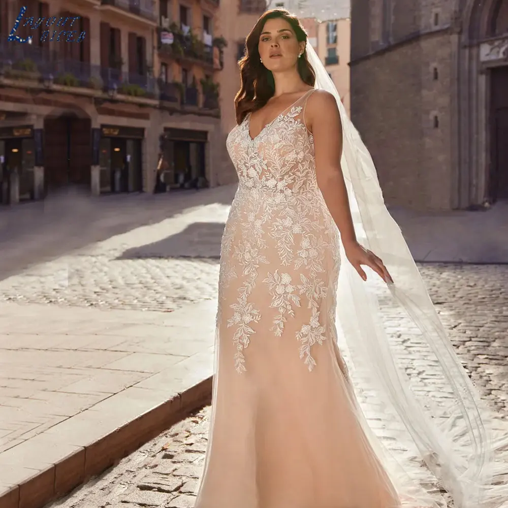 LAYOUT NICEB Mermaid Plus Size Appliques abiti da sposa Backless senza maniche in Tulle abiti da sposa senza spalline vestido de noivaLAYOUT NICEB Mermaid Plus Size Appliques abiti da sposa Backless senza maniche in Tu