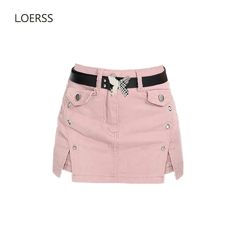 LOERSS Denim Skirt Vintage Cowboy Slim Mini Skirt High Waist Lace-up A-line for Women\'s Korean Harajuku Punk Y2K Streetwear