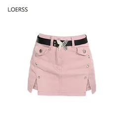 LOERSS Denim Skirt Vintage Cowboy Slim Mini Skirt High Waist Lace-up A-line for Women's Korean Harajuku Punk Y2K Streetwear