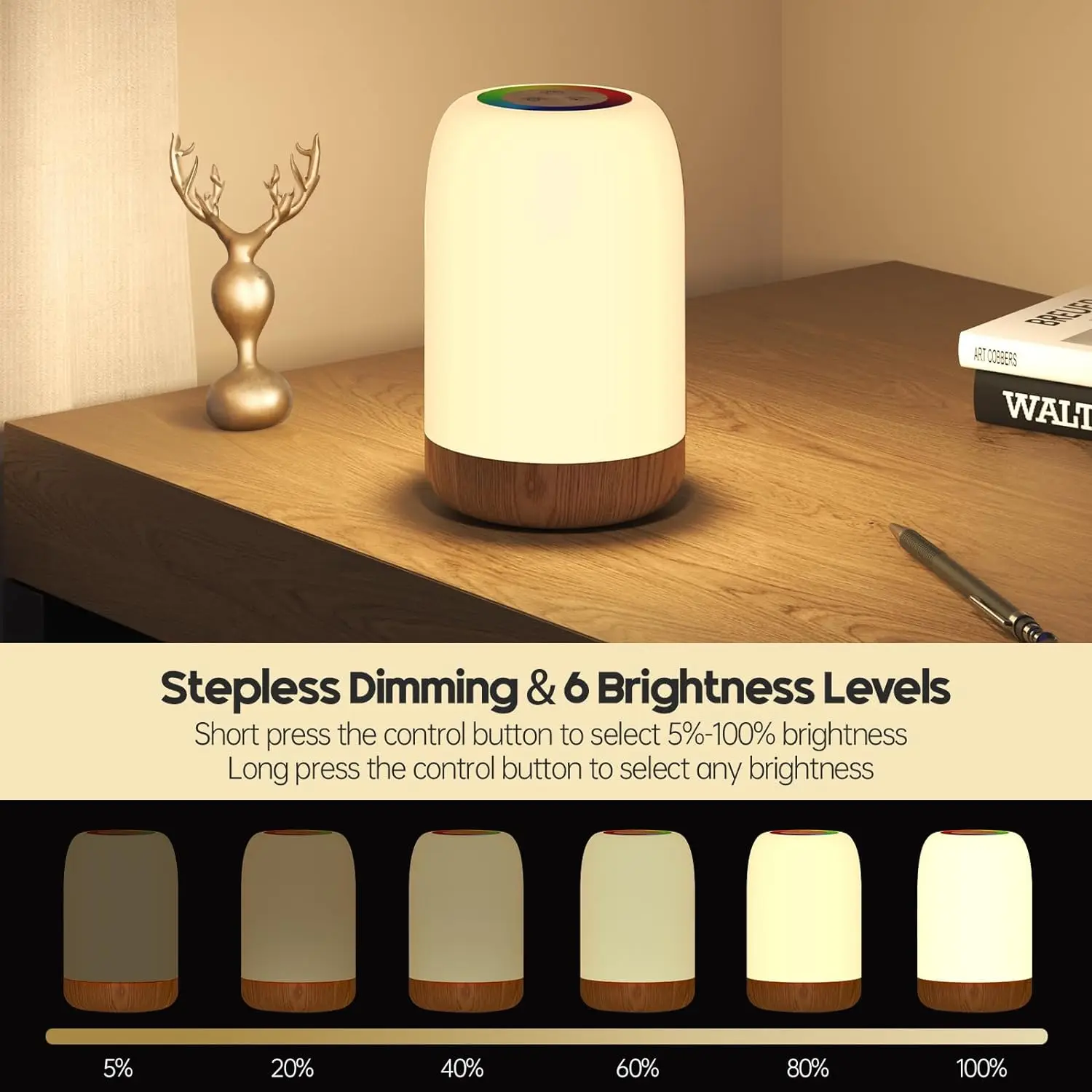 Bedside lamp touch dimmable, 256 RGB and 4 modes, color changing ambient night light, rechargeable desk lamp with timer function