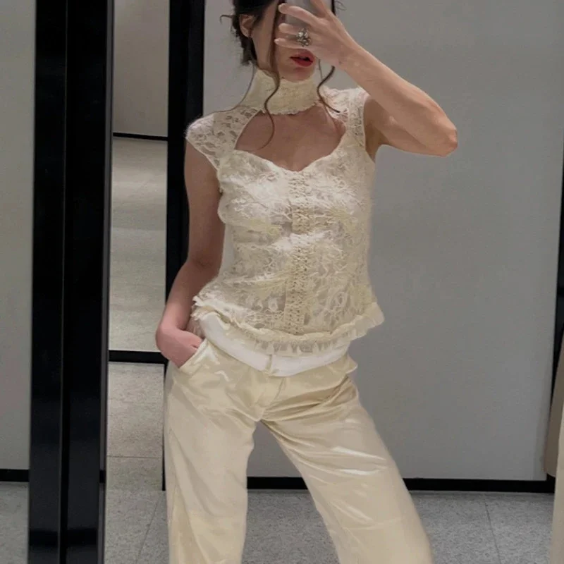 Women Lace Tank Top High, Neck Hollow Out Ruffle Sleeveless, Vest Summer Sexy Backless Button, Up Blouse Cream White Y2K, Tops