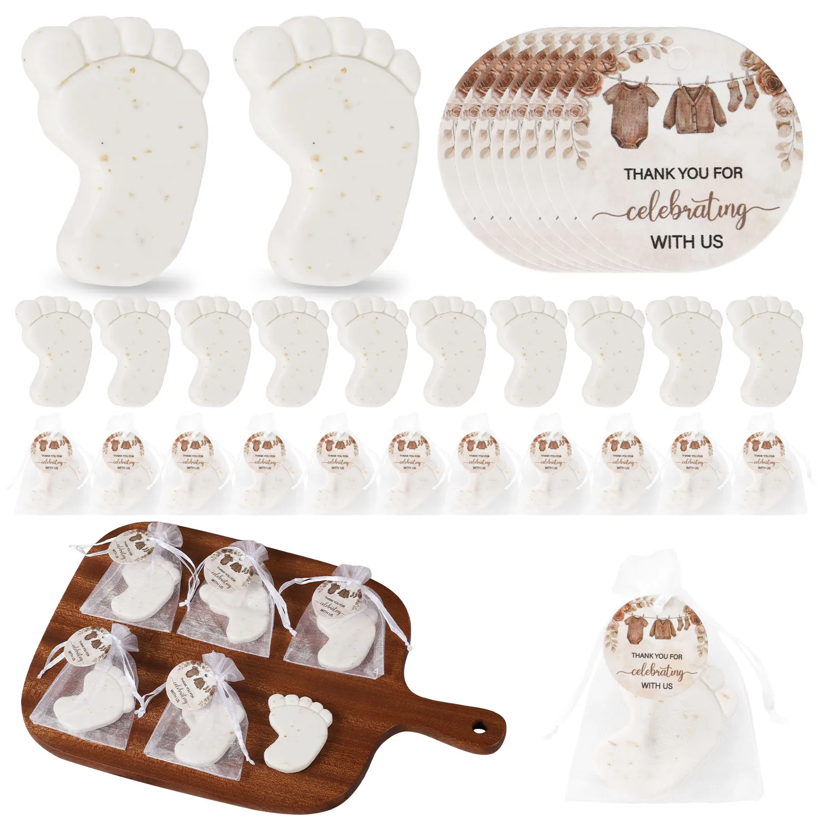 

50 Sets Baby Shower Favors Cute Footprint Oatmeal Glycerin Soaps with Organza Bag and Thank You Card Keepsake Present for Guests
