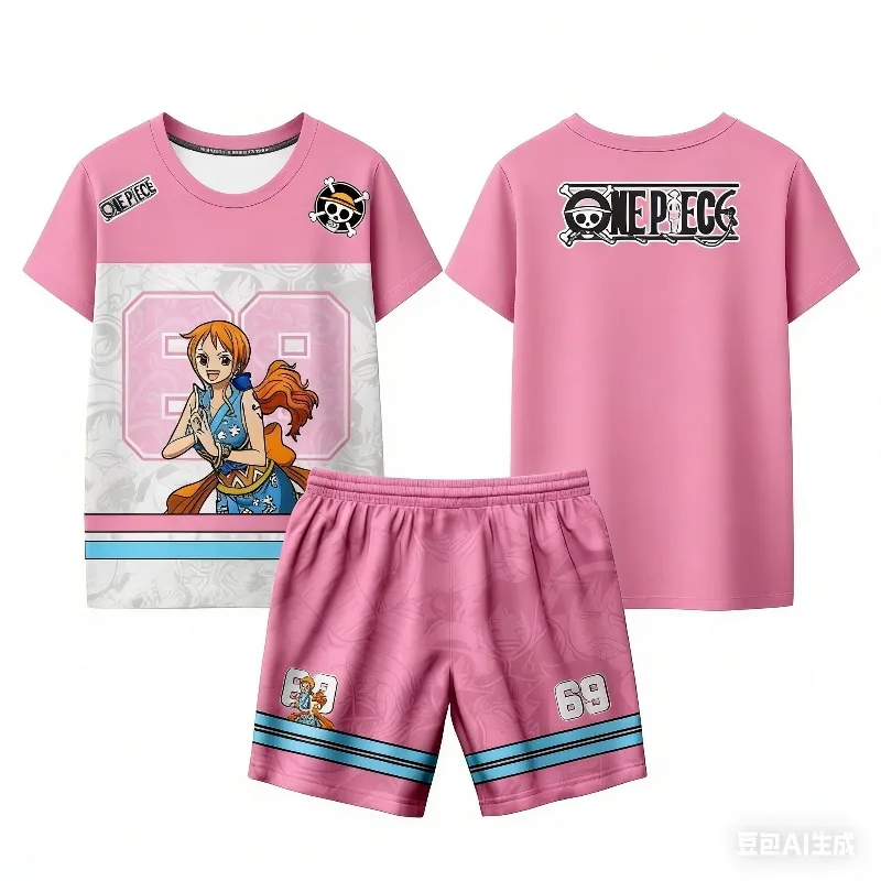 

2026 Summer Hot Anime One Piece Nami Pattern Short Sleeve Shirt Set for Men and Women Fashion Personalized Leisure Sports Set