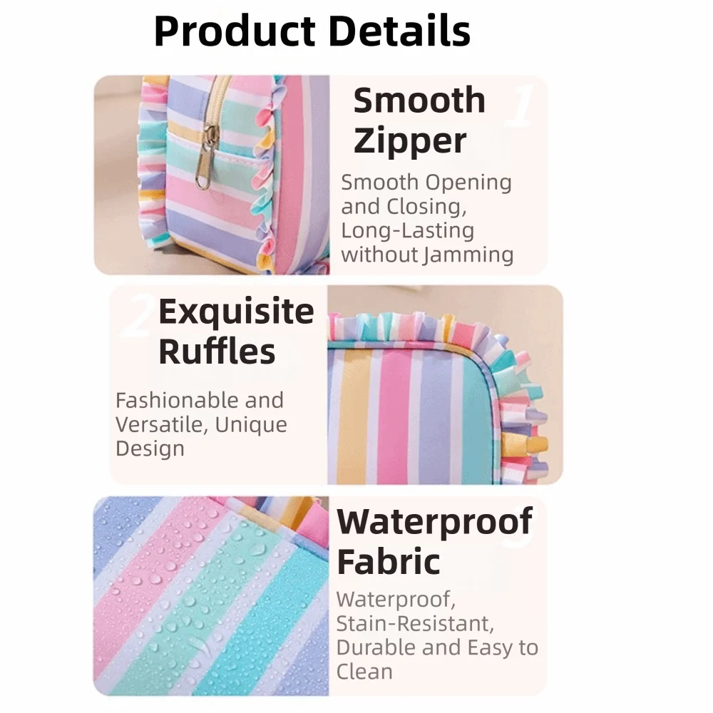 Ruffle Decoration Striped Cosmetic Bag Colorful Oxford Striped Makeup Organizer Flat Bottom Portable Travel Zipper Pouch