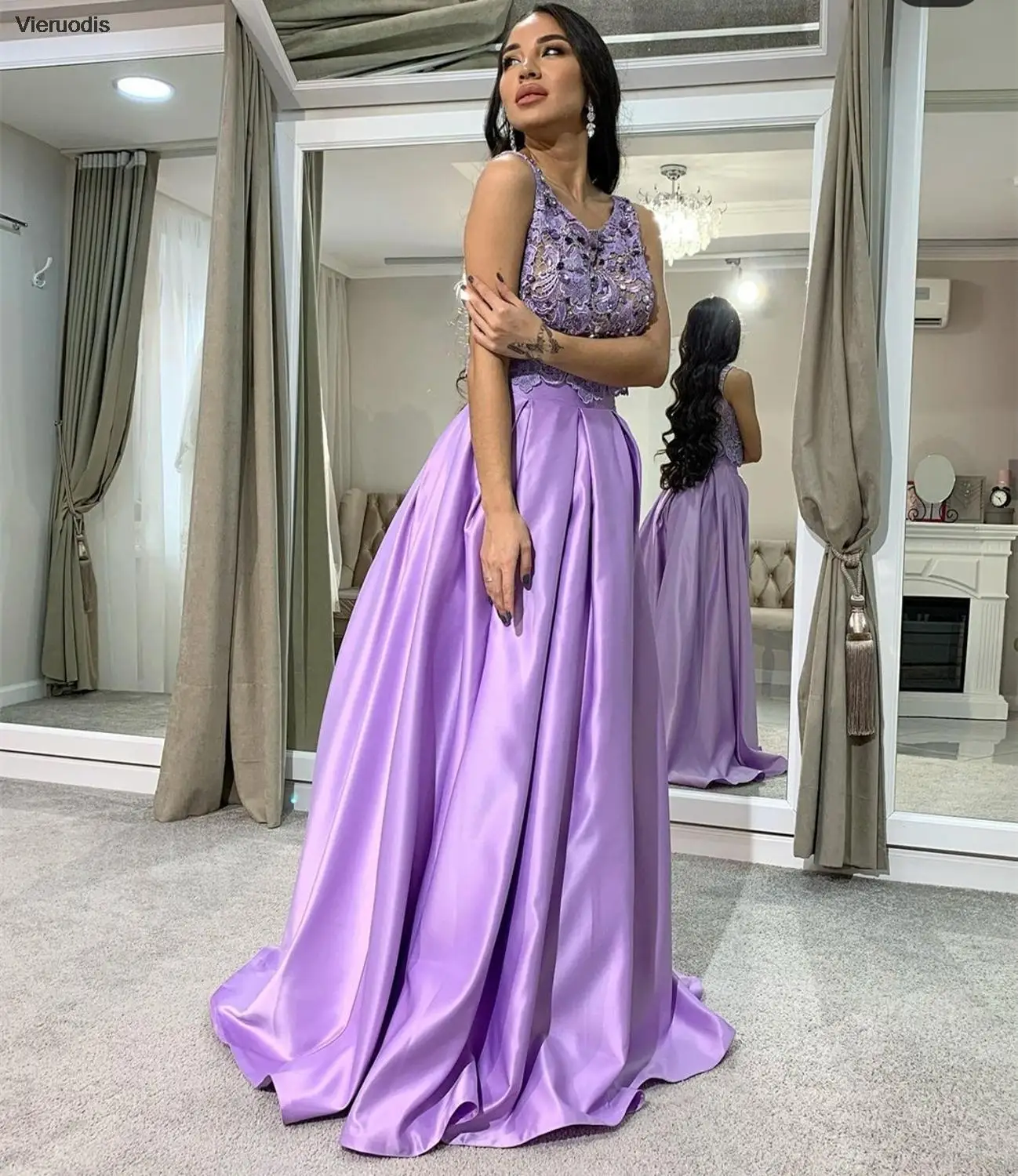 Evening Dress 2022 Purple Lace Appliques Crystal Beaded Sleeveless Floor Length Women Party Gowns Charming Scoop Elegant Luxury