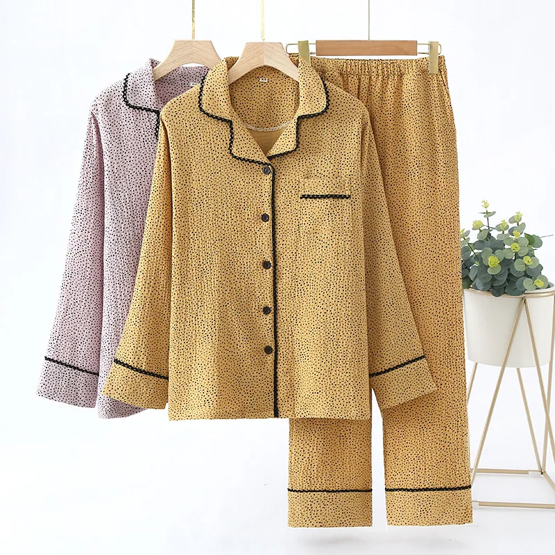 

High Quality Cotton Pyjamas Suit Women's Spring And Autumn Gauze Lapel Two Piece Pajamas Set With Long Pants Home Service