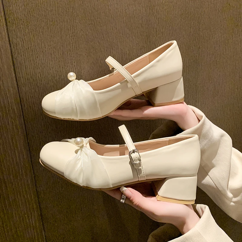 

New Style Women's Thick Heel Women Mary Jane Shoes Square Toe Shallow Butterfly-knot Ladies Casual Leather Shoes Zapatos Mujer