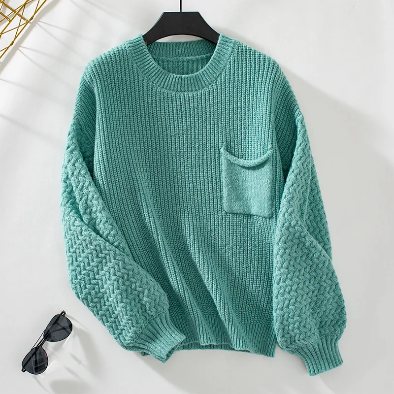 

New In Solid Color Pocket O-Neck Pullovers Women Autumn Winter Warm Sweater 2024 Long Sleeved Knitted Loose Casual Jumpers