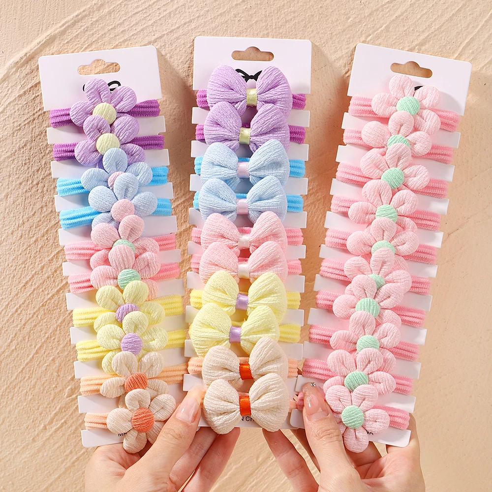 10pcs Cute Girls Nylon Flower Hair Ties Candy Elastic Bow Hair Bands Pigtails Hair Rope Rubber Hair Gum Scrunchies Accessories