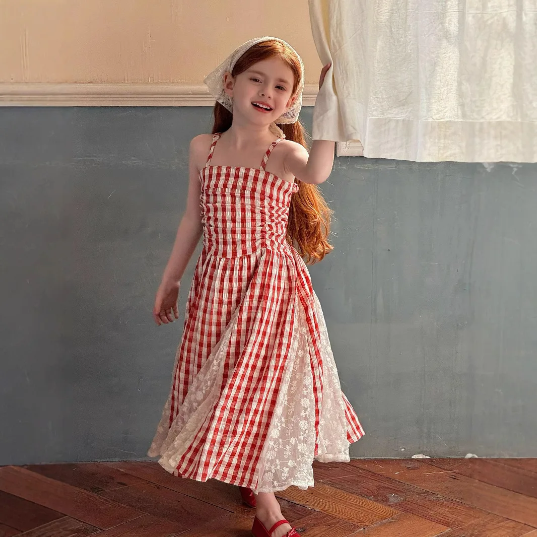 

Новое летнее платье на бретелях 2025, сказочная юбка, красная клетчатая французская кружевная мода