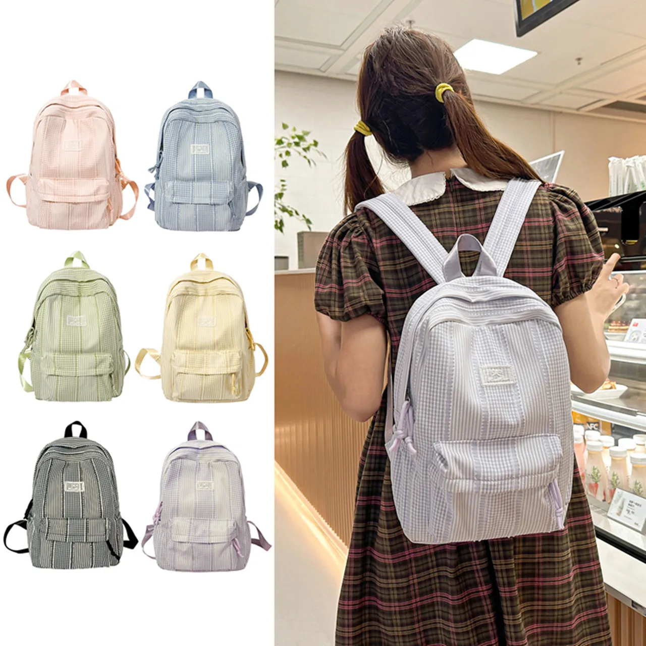 New Mixed Stripe Check Backpack, Soft Woven Fabric Daypack, Cute Pastel School Bag for Teen Girls, Campus & Daily Casual Wear