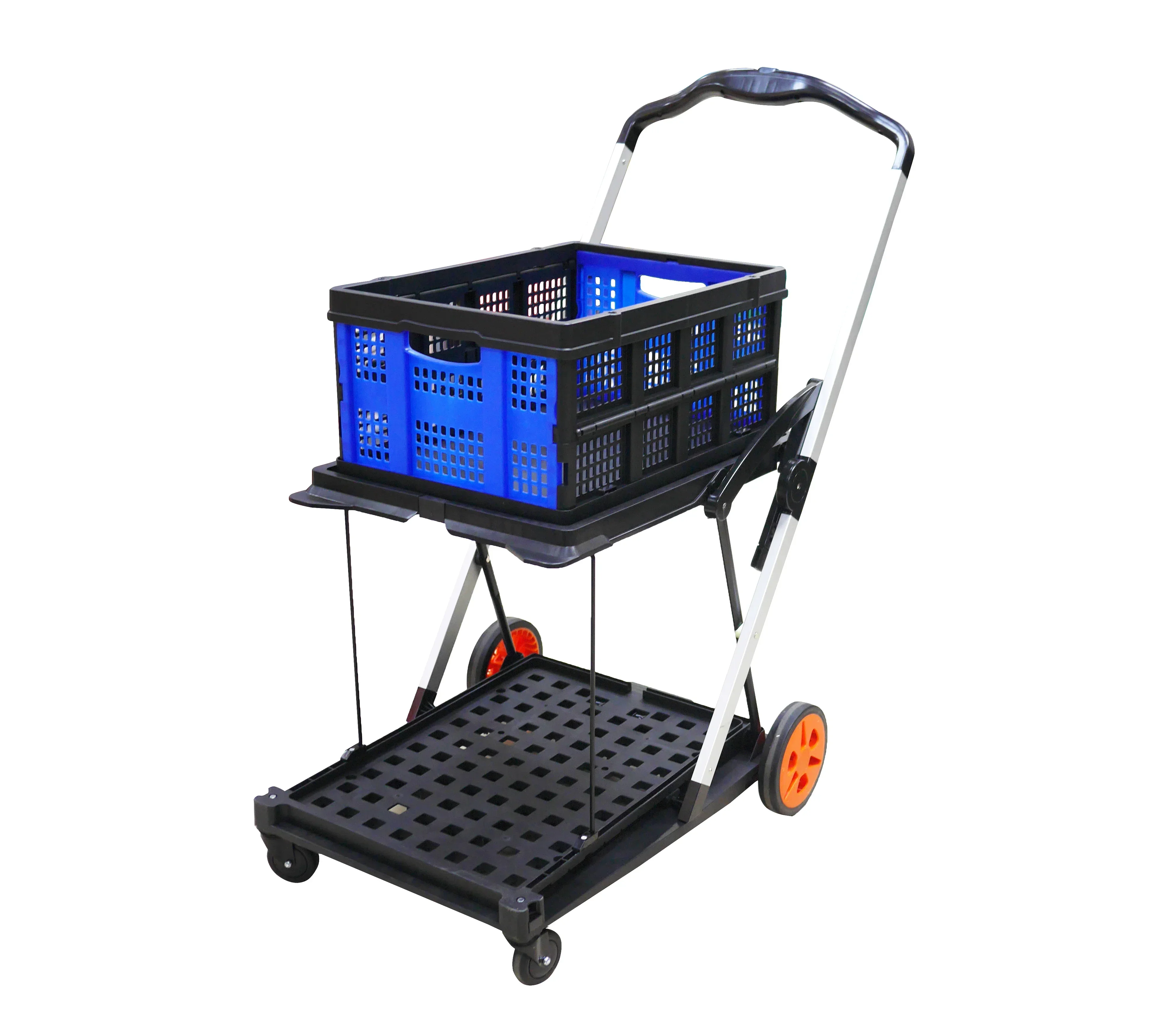 Jiuyang Double Decker Folding Cart Trolley Light Duty Aluminum Cargo Transport Cart With Storage Crate