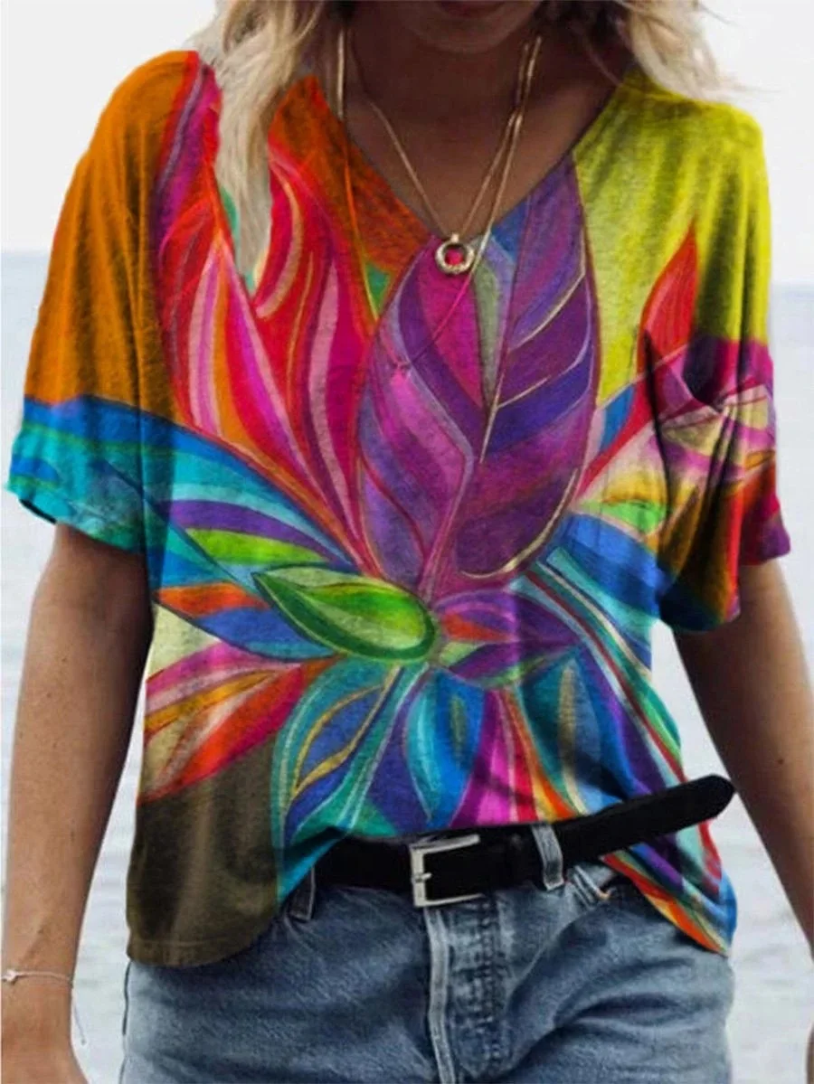 

Color Abstract Patterns Women V-neck T-shirt Leisure Style Slim Fit Women Short Sleeved Quick Drying Trendy Vacation Clothin