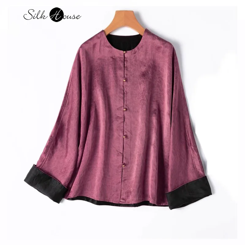 Double Sided Pink 100% Natural Mulberry Silk Turtle Pattern Satin Gambiered Guangdong Gauze Round Neck Women's Fashion Cardigan