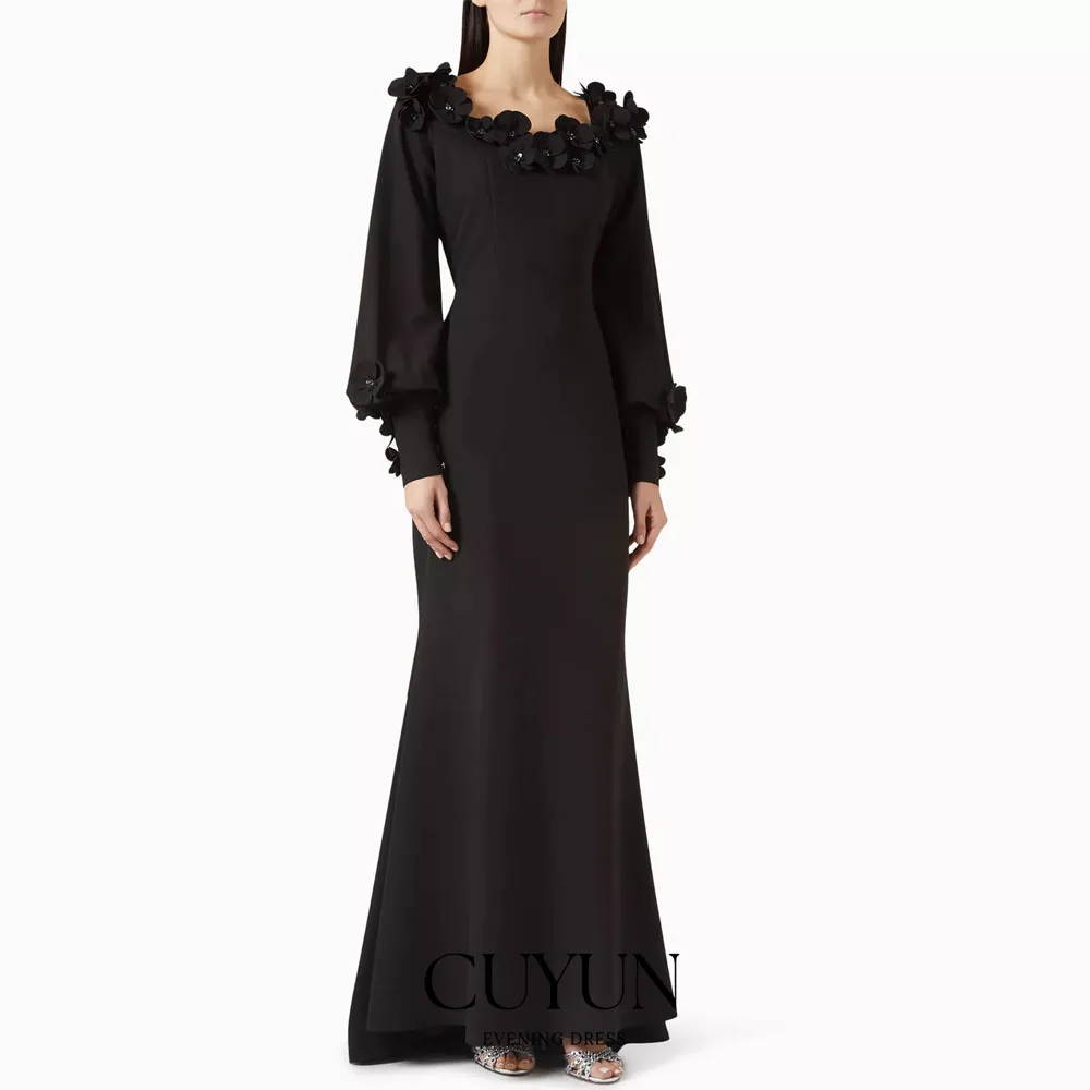 Suknia wieczorowa CUYUN z czarnymi kwiatowymi aplikacjami, długa, z długim rękawem, fason półsyreny, sukienka na przyjęcie, sukienki na wesele dla gości.