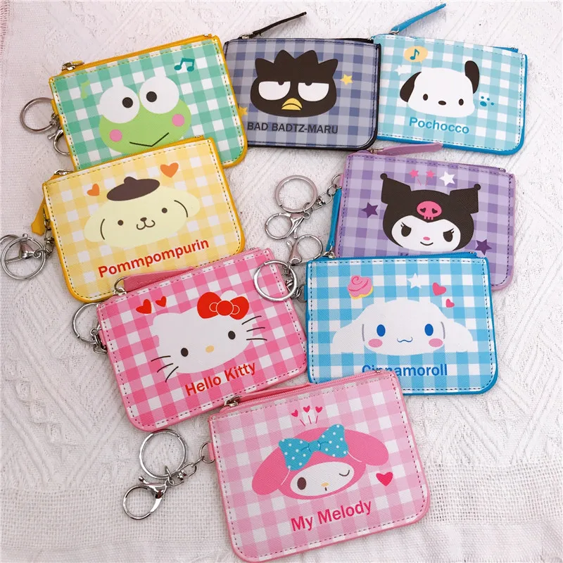 Kawaii Hello Kitty Cartoon Bag Pachacco Cinnamoroll Purin Kuromi PU Leather Card My Melody Holder Cute Sanrio Keychain