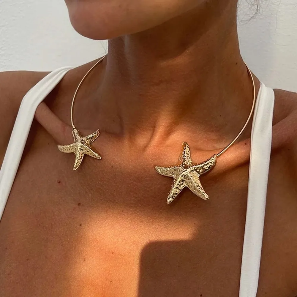 Fashion Gold Color Starfish Shell Pendant Metal Neck Jewelry Open Torque Boho Jewelry Adjustable Choker Beach