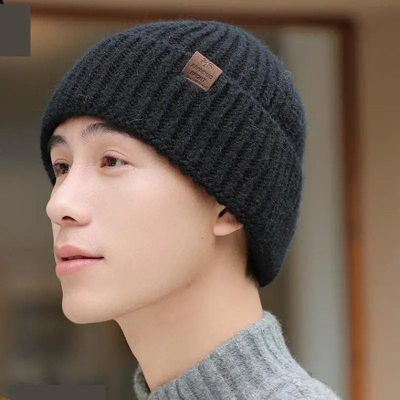 Winter Hats For Men Thickened Knitted Beanie Ear Protection Solid Color Cold Hat Keep Warm Baggy Cap Male Korean Elastic New