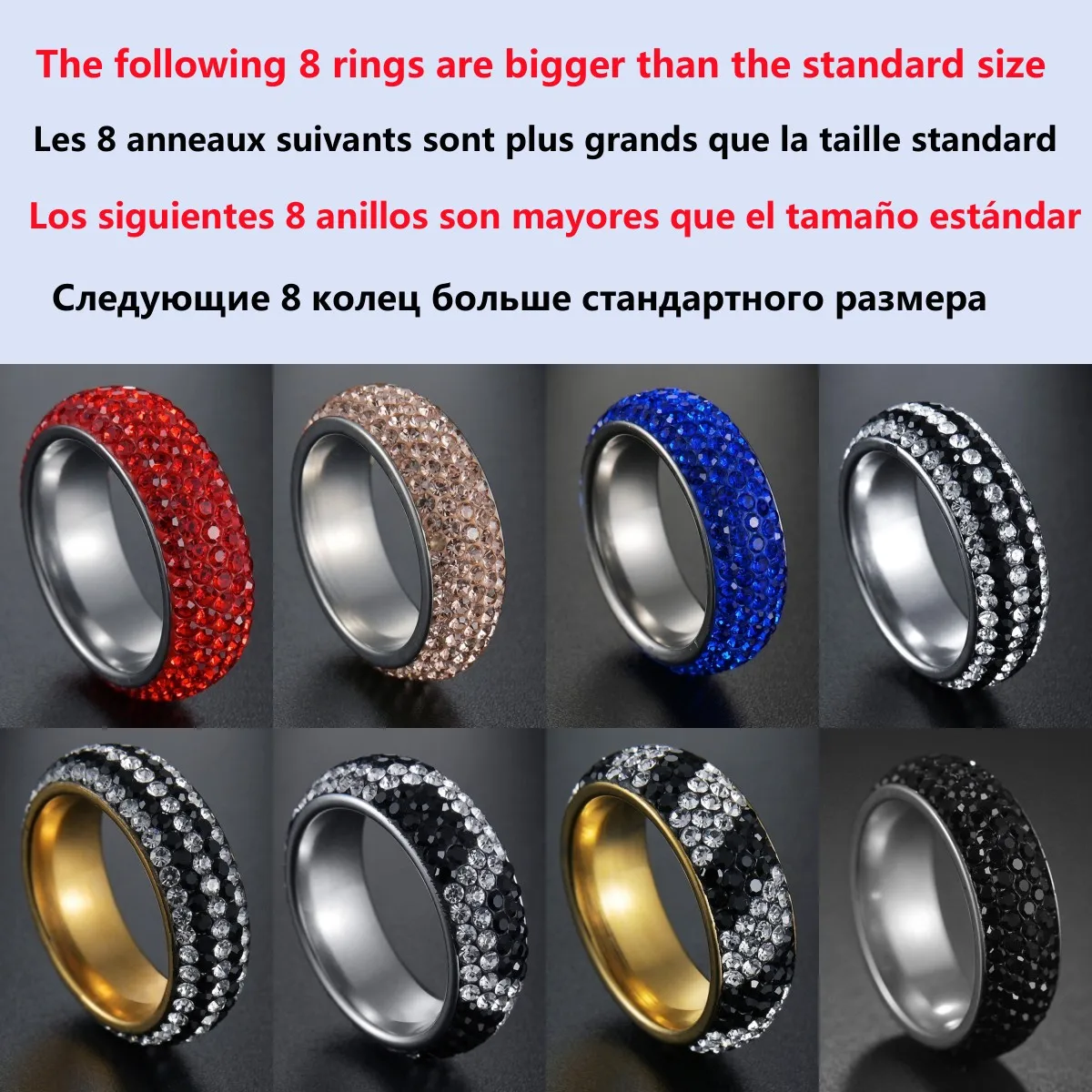 High Quality 316L Stainless Steel Rings For Women Full Size 5 Row Clear Red Blue Black Crystal Engagement Wedding Ring Jewelry