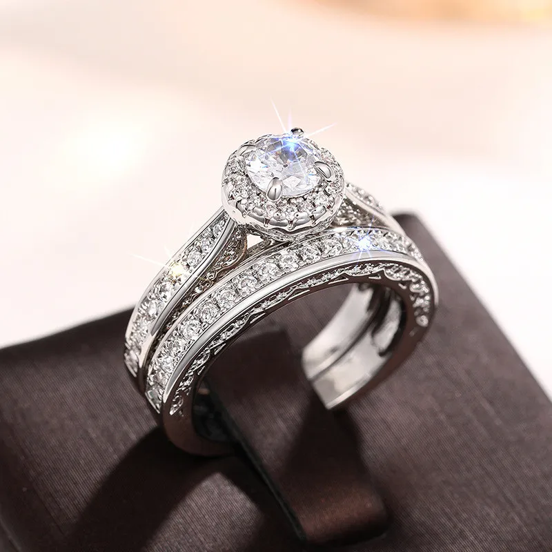 Juego de 2 Anillos de Plata de Ley 925 para Mujer, con Circonita Cúbica Brillante, para Boda, Compromiso, Joyería Nupcial