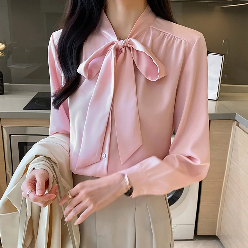 

New Autumn Womens Vintage Work Wear Office Casual Tops Chiffon Blouse Elegant Sweet Bow Lace Up Long Sleeve Loose Shirts
