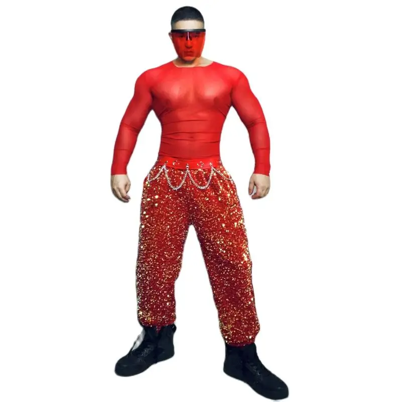 マッスルマンポールダンス服セクシーなメッシュトップ赤スパンコールパンツ男性バーナイトクラブ DS DJ ゴーゴー衣装ステージ絶賛衣装 XS5641