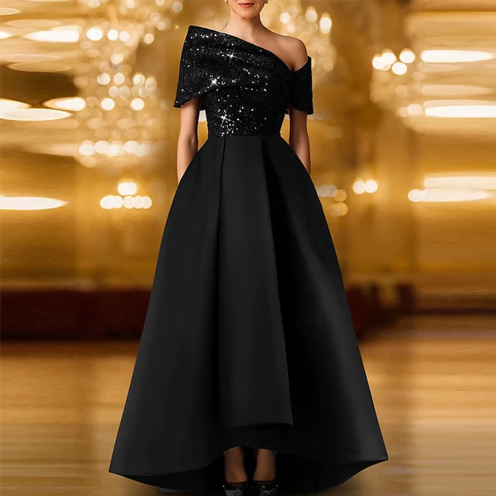 

Customized Elegant Fashion Evening Dress One Shoulder Floor Length Stretch Satin Short Sleeve Shawl Glitter Wedding Party Dresse