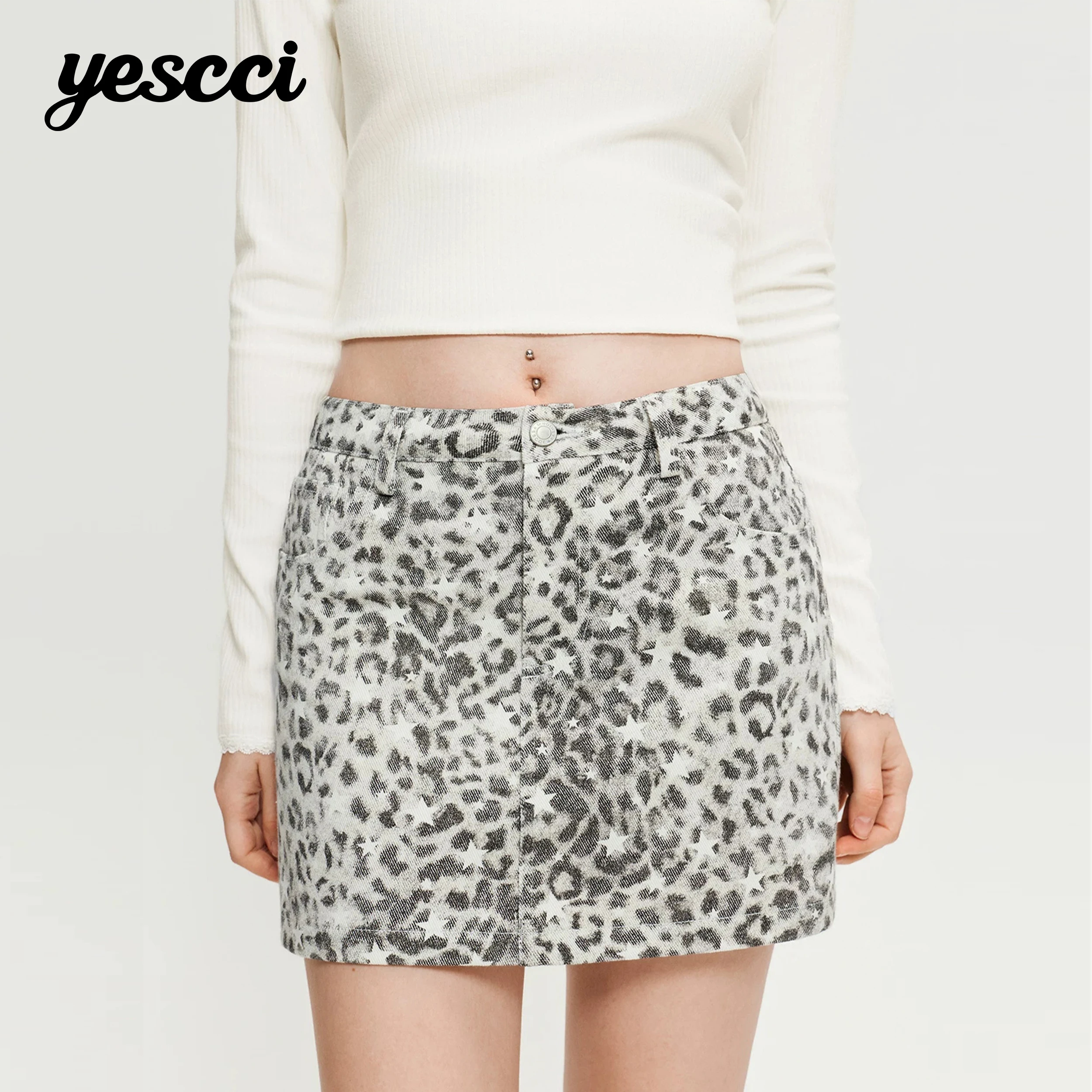 YESCCI Chic Leopard Women's Skirt Autumn New High Waist A-line Washed Denim Mini Skirt Print Street Woman Clothes Y606081224
