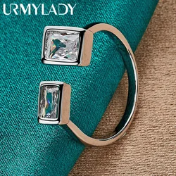 URMYLADY 925 Sterling Silver Double Square Zircon Open Ring For Women Wedding Party Charm Fine Jewelry
