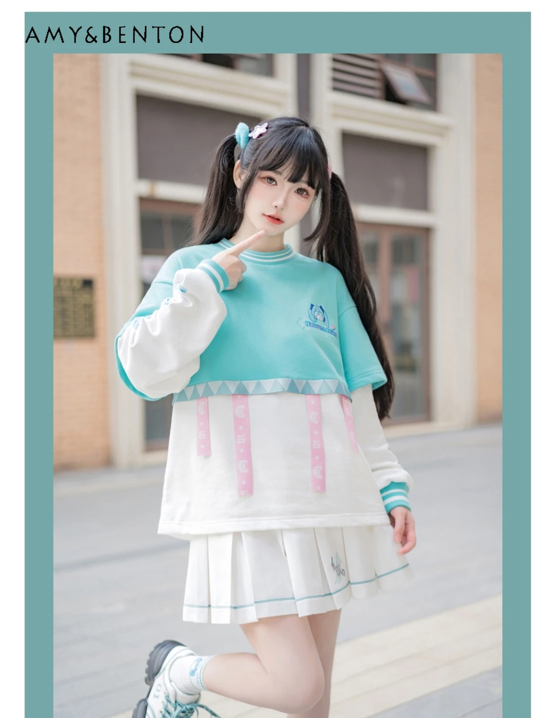 Japanese Sweet Cute Anime Embroidered Crew Neck Long Sleeve Hoodie High Waist Slim Pleated Skirt Kawaii Two Piece Sets Women