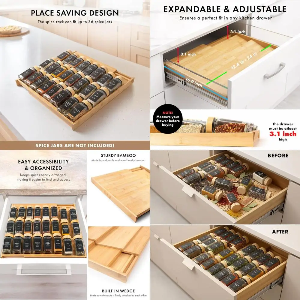 

Expandable 4-Tier Bamboo Spice Rack - Adjustable 12 to 24 Wide Drawer Organizer for Seasonings (Jars Not Included)