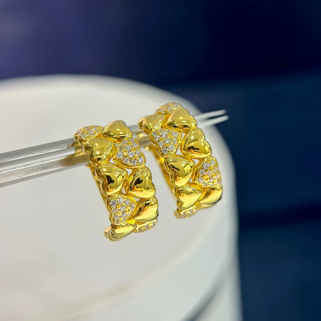 

100% 925 Sterling Silver Heart-shaped Earring 18K Gold Plated Pave 5A Zirconia Studs Earrings For Women Fine Jewelry