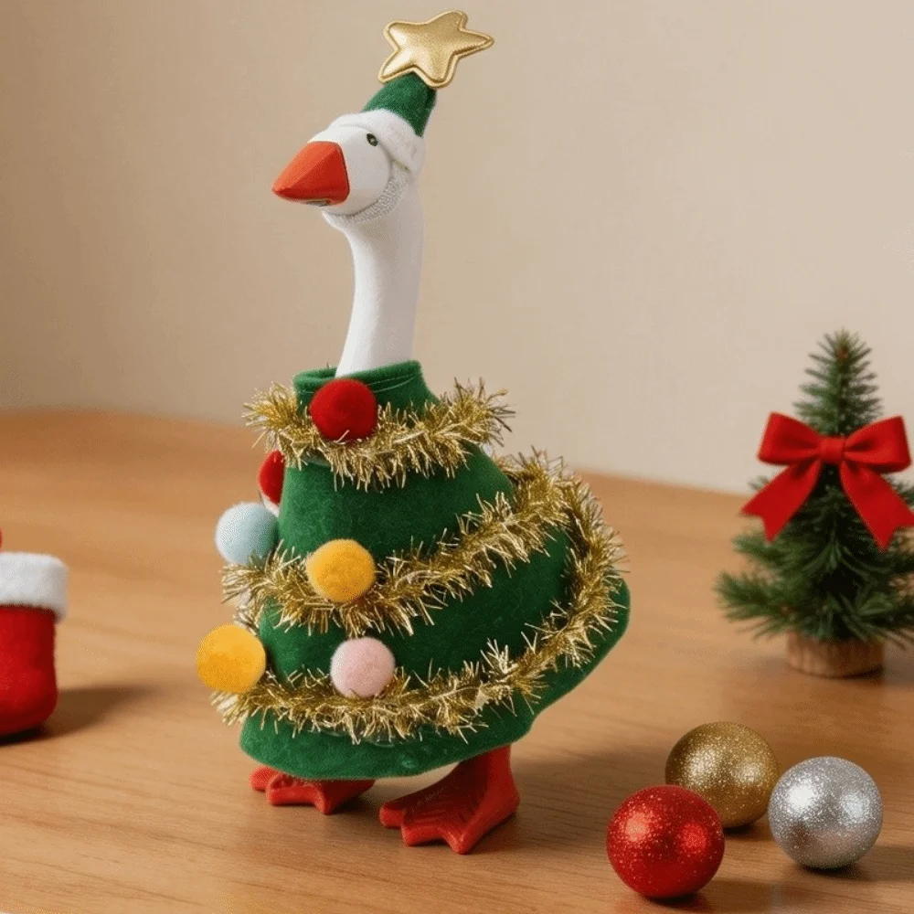 Fabric Goose Statue Christmas Tree Shaped With Hat Christmas Ornament 7-Inch Red And White Striped Scarf Holiday Decoration Yard