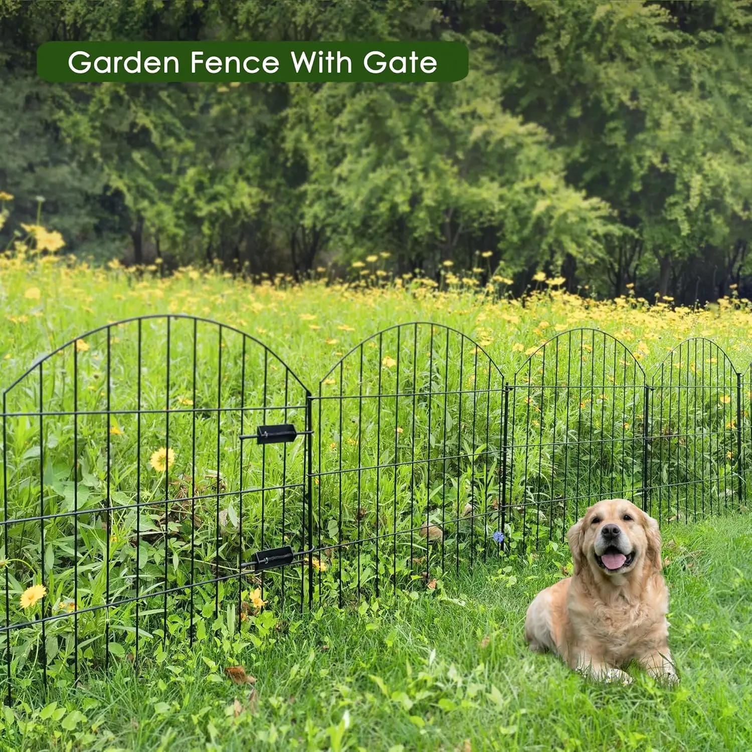 Metal Garden Fence with Gate 28in (H) x 11.7ft (L), 1 Gate + 4 Panels Rustproof Border Fence Animal Barrier for Dogs, No Dig Gar