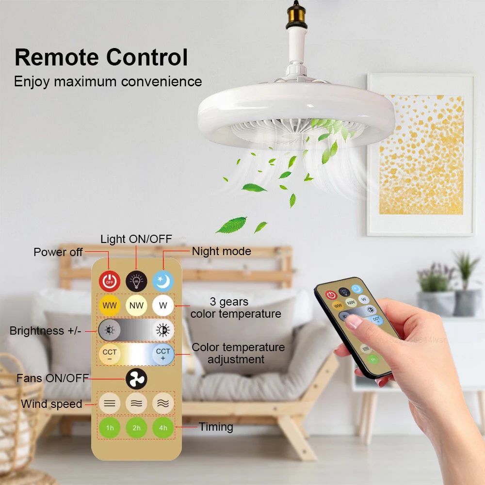 Ceiling Fans With Remote Control and Light 30W LED Lamp Fan Smart Silent Ceiling Fan For Sitting Room Bedroom E27 Converter Base