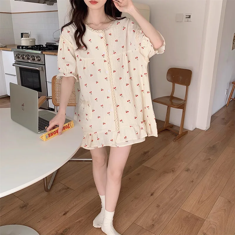 

Soft Lace Cherry Japanese Sweet Princess Print Short Sleeve Pajama Set Women Kawaii Loose Elegant Casual Comfortable Sleep Tops