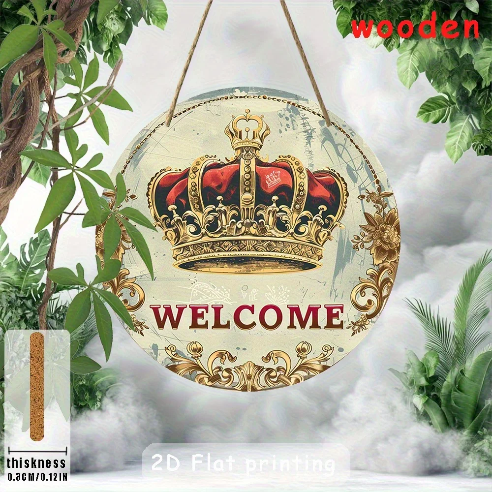 2D Flat, 8x8 Inch Round Welcome Sign - Elegant Red & Golden Crown Decoration, Artificial Wood Hanging Plaque for Home, Office, C